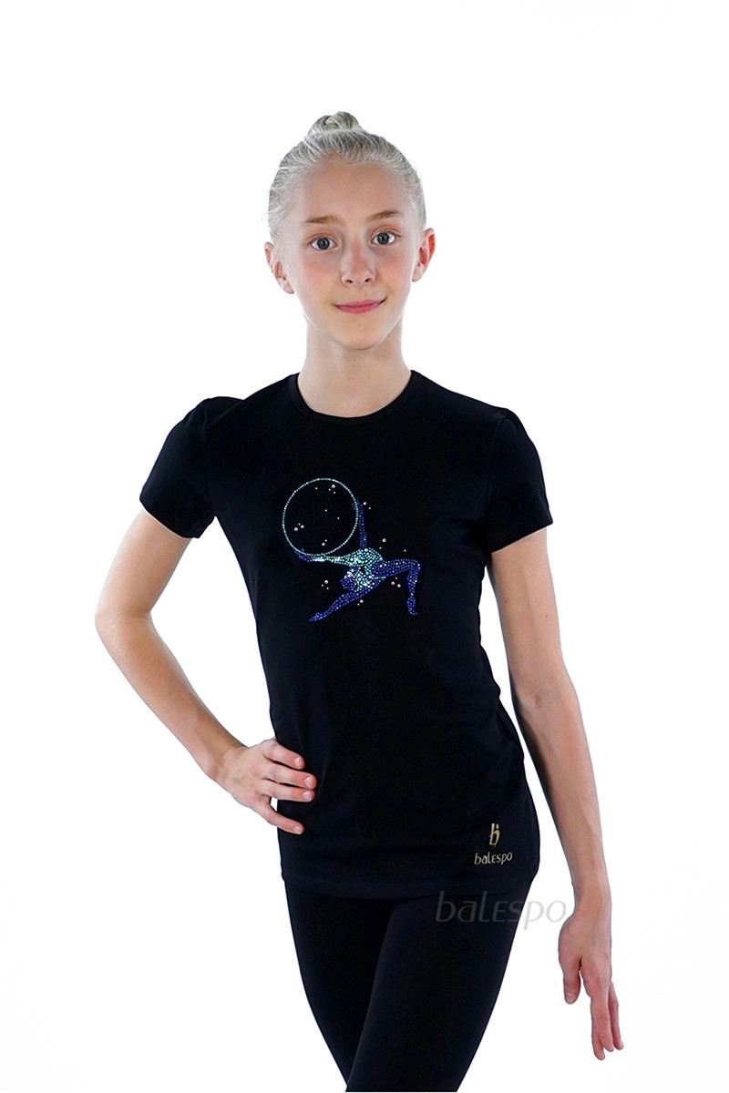 Gymnastics tight-fitting t-shirt BALESPO BC210.3-100 with blue crystals "Gymnast with hoop"