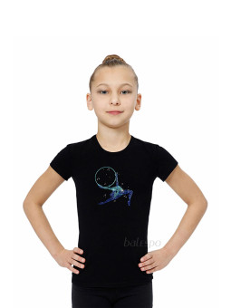 Gymnastics tight-fitting t-shirt BALESPO BC210.3-100 with blue crystals "Gymnast with hoop"
