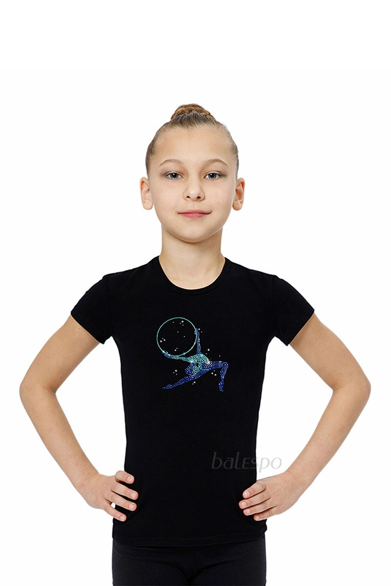 Gymnastics tight-fitting t-shirt BALESPO BC210.3-100 with blue crystals "Gymnast with hoop"