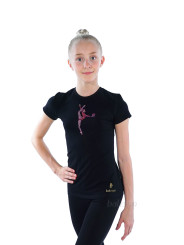 Gymnastics tight-fitting t-shirt BALESPO BC210.2-100 black with pink crystals "Gymnast with ball"