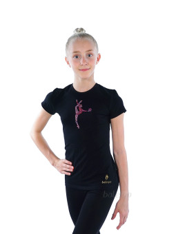 Gymnastics tight-fitting t-shirt BALESPO BC210.2-100 black with pink crystals "Gymnast with ball"