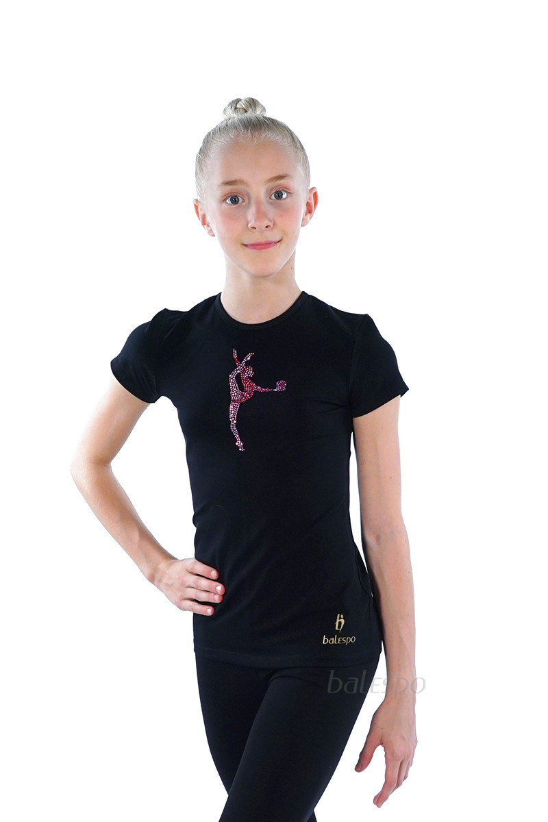 Gymnastics tight-fitting t-shirt BALESPO BC210.2-100 black with pink crystals "Gymnast with ball"