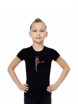 Gymnastics tight-fitting t-shirt BALESPO BC210.2-100 black with pink crystals "Gymnast with ball"