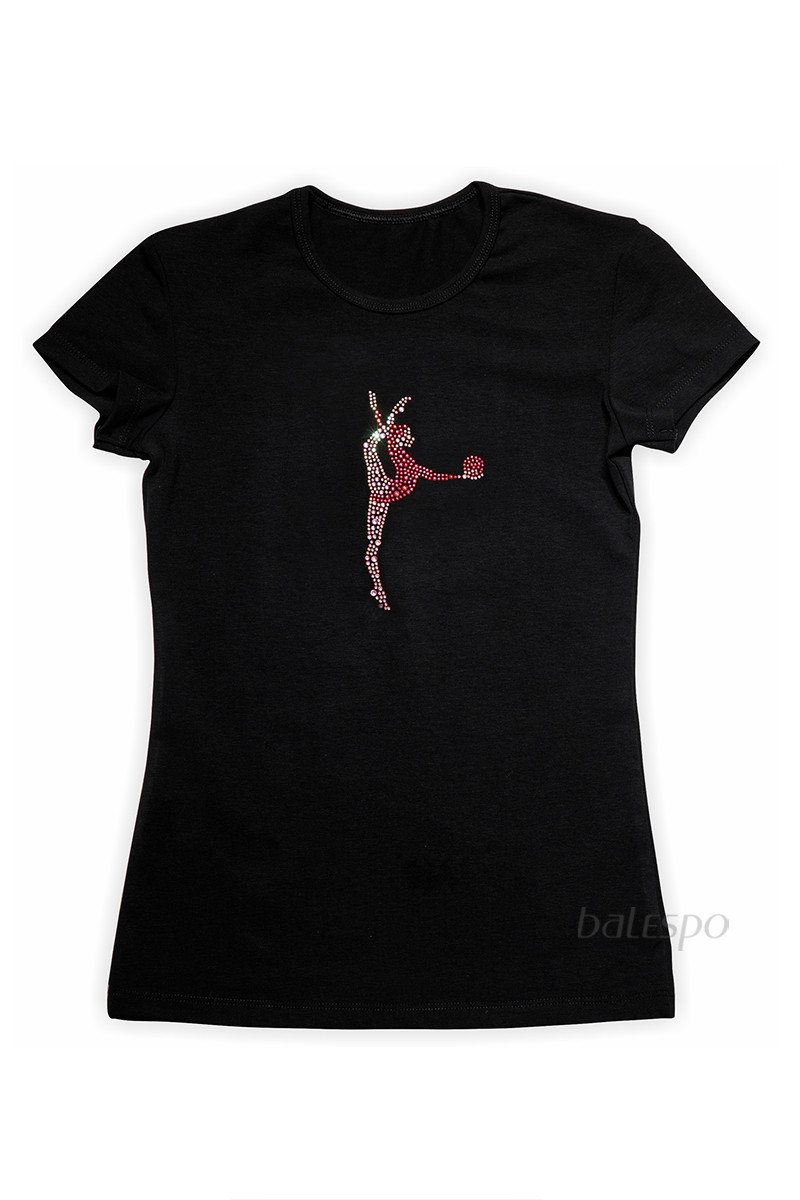 Gymnastics tight-fitting t-shirt BALESPO BC210.2-100 black with pink crystals "Gymnast with ball"